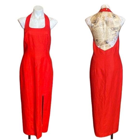 Vintage Dresses & Skirts - VTG 80s Geary Roark Kamisato Red Linen blend Backless Halter Maxi Dress sz 12